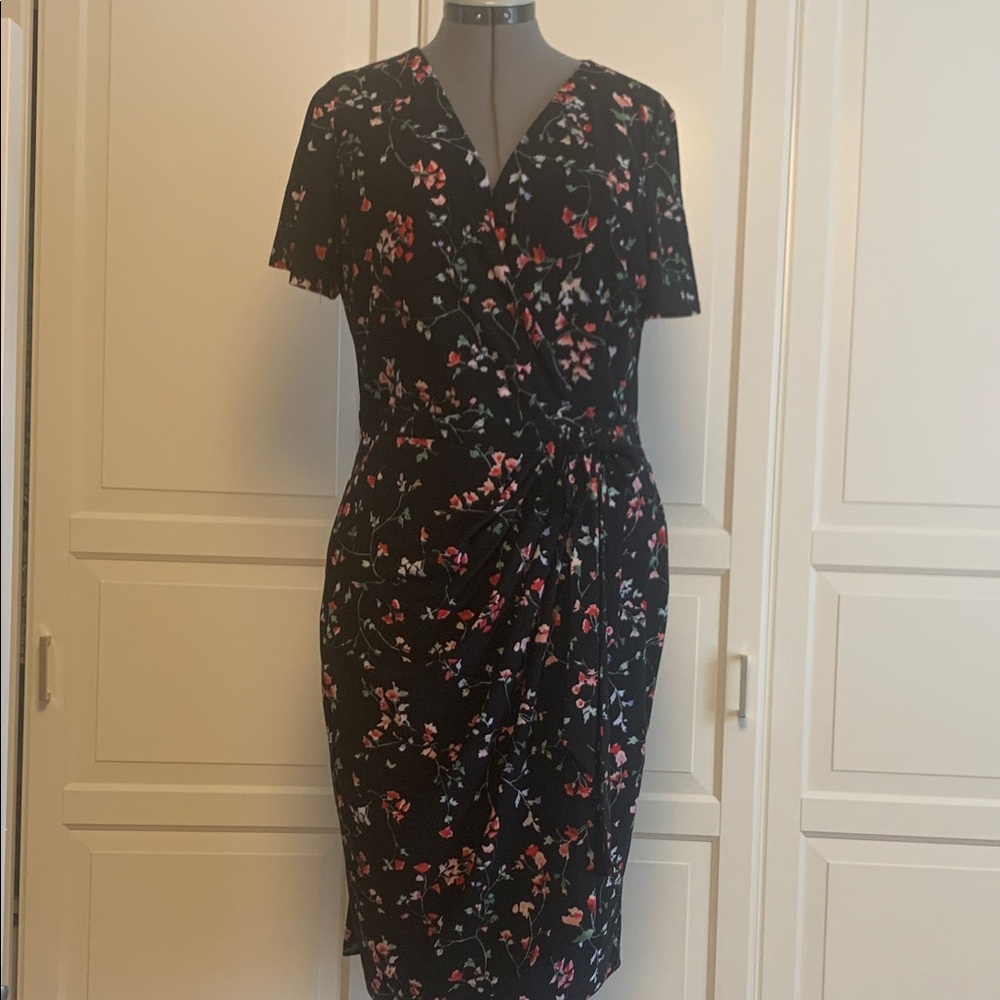 Lauren Ralph Lauren Black Midi Wrap Dress with Pink Floral Print XL